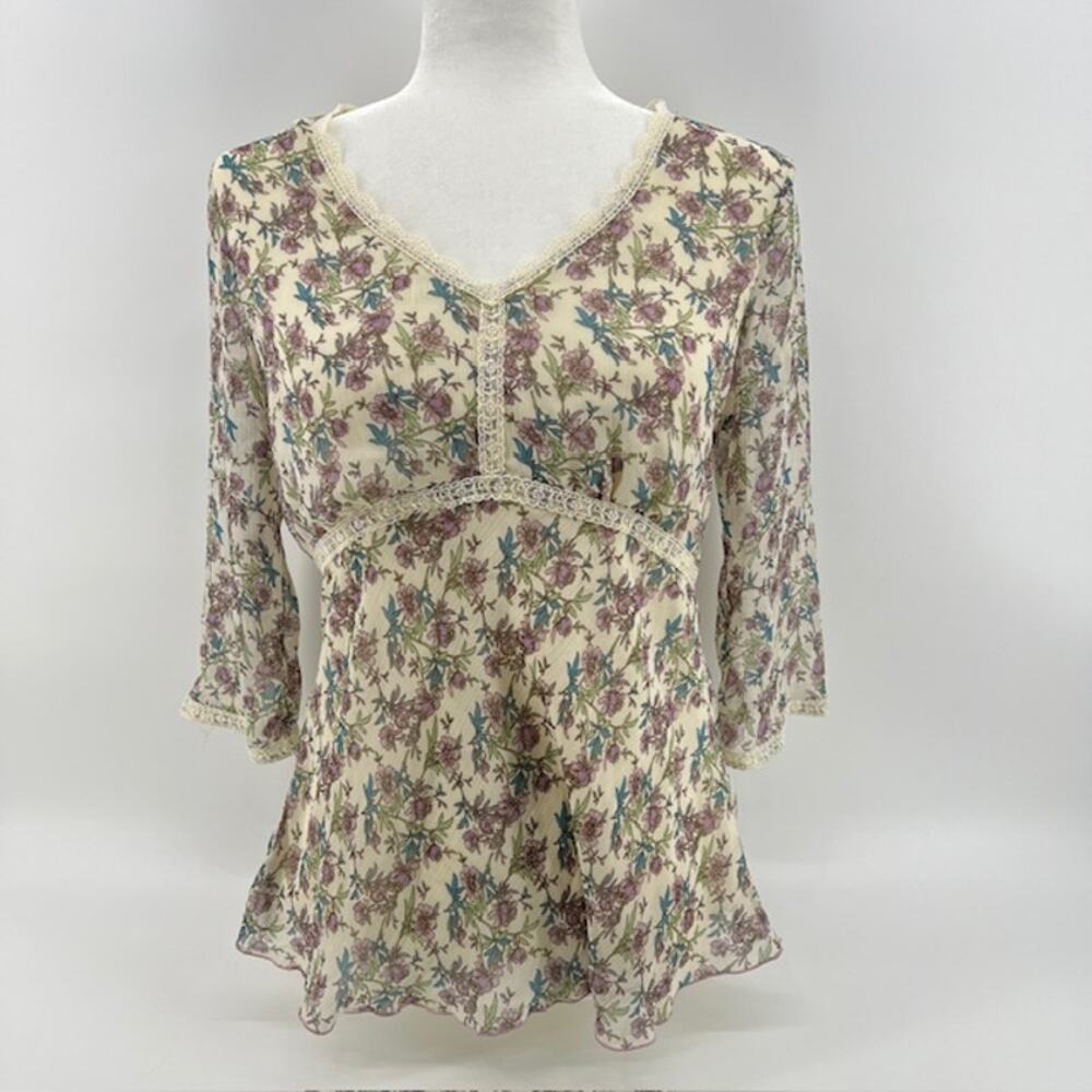 B. Street Basics Womens S Floral 3/4 Sleeve Shirt Blouse Y2K Fairy Flowy Breezy